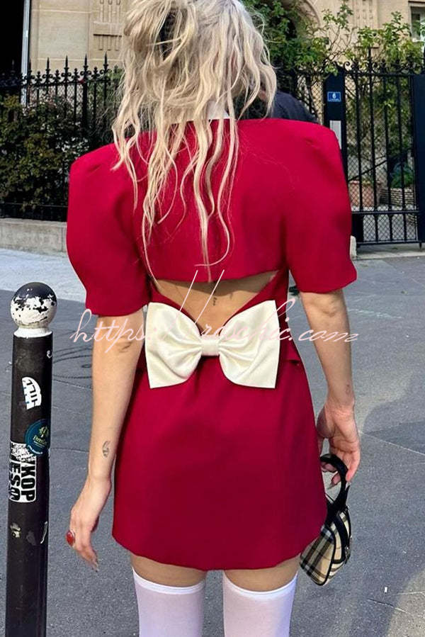 Stylish Contrast Lapel Backless Bow Shirt Style Pocket Mini Dress