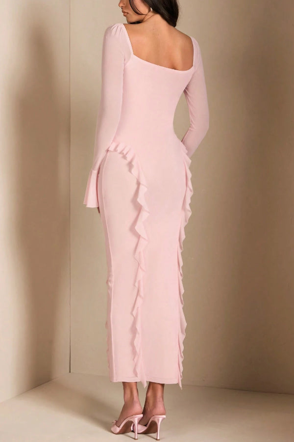Solid Color Long-sleeved Ruffled Slim-fit Maxi Dress