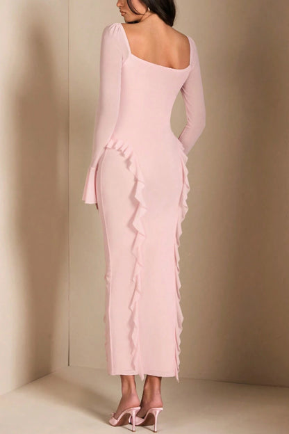 Solid Color Long-sleeved Ruffled Slim-fit Maxi Dress