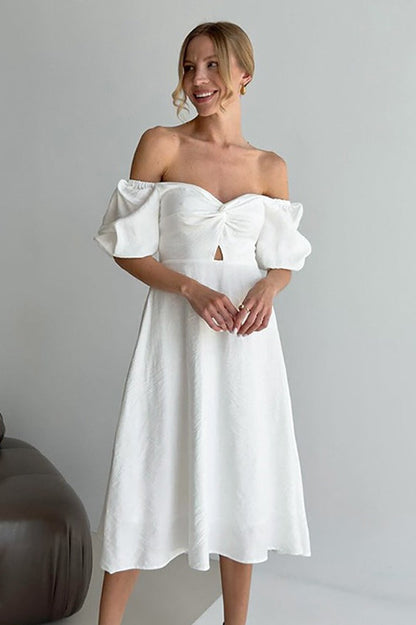 Off-Shoulder Sweetheart Twist Keyhole Puff Sleeve Midi Dress