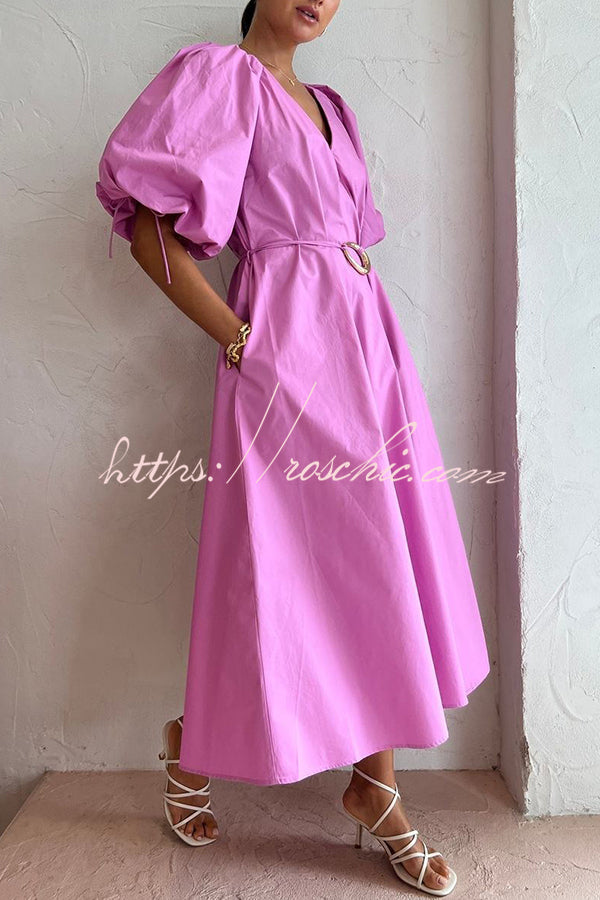 Elegant V Neck Ring Belt Lace Up Puff Sleeve Pocket Midi Dress