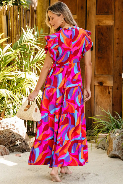 abstract orange ruffle tiered maxi dress