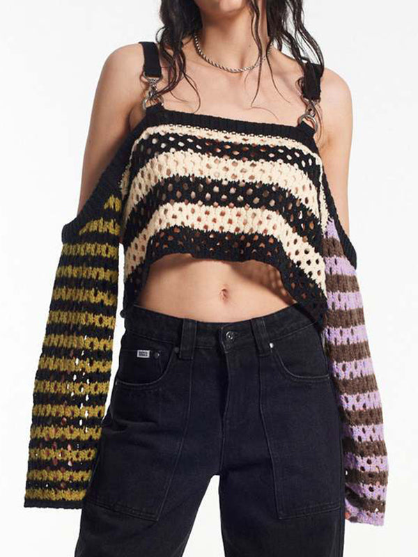 Cutout Contrast Color Splice Buckle Strap Crochet Top
