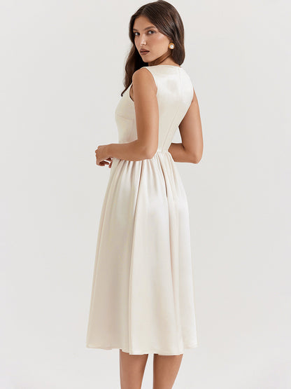 Elegant Sleeveless Dress Boatneck Pleated A-Line Prom Party Midi Dresses