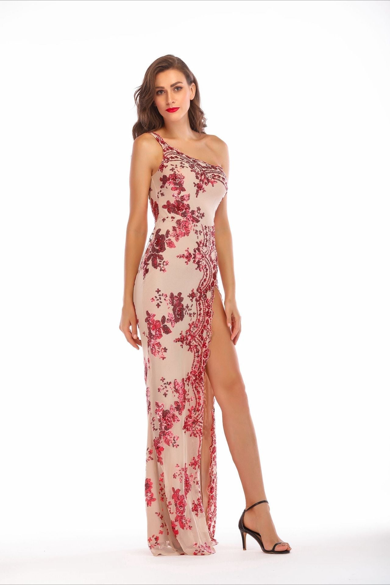 One-Shoulder Sequin Embroidered Mesh High Slit Bodycon Floor-Length Gown