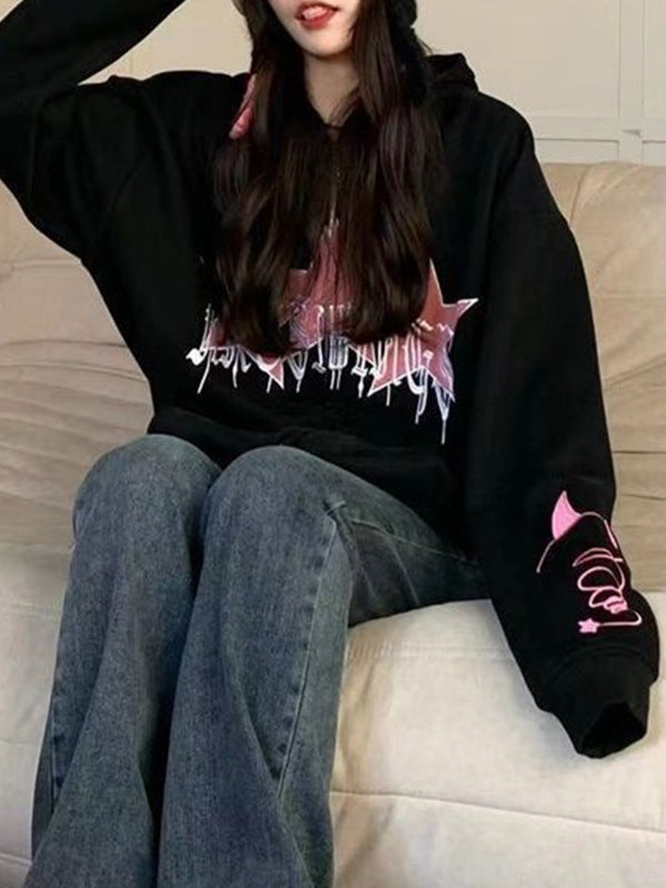 American Style Star Embroidery Fleece Oversized Hoodie