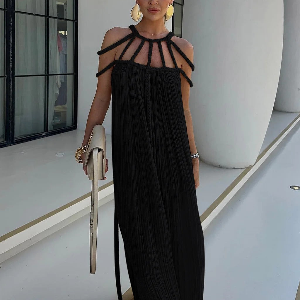 Modern and Sophisticated Linen Blend Draped Braids Cover Up Maxi Dress