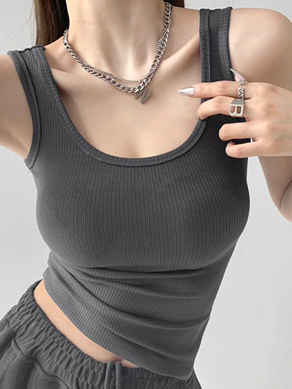 High Elasticity Solid U Neck Slim Tank Top