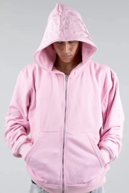 Patchwork Washed Print Zip Hoodie