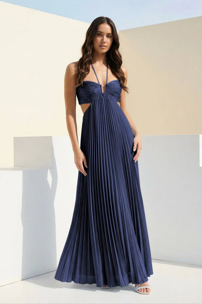 Sky Blue Halter Pleated Satin A Line Prom Dresses With Cutout