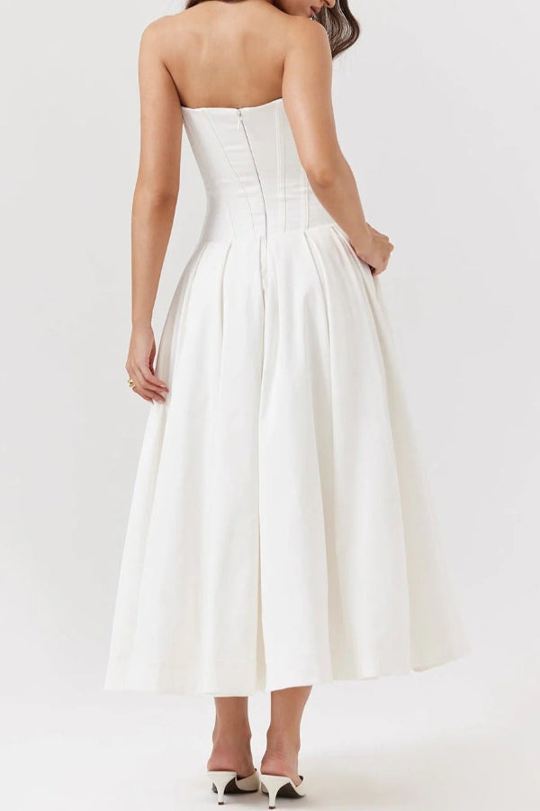 Strapless Corset Sweetheart Neckline Pleated Full Skirt Midi Dress