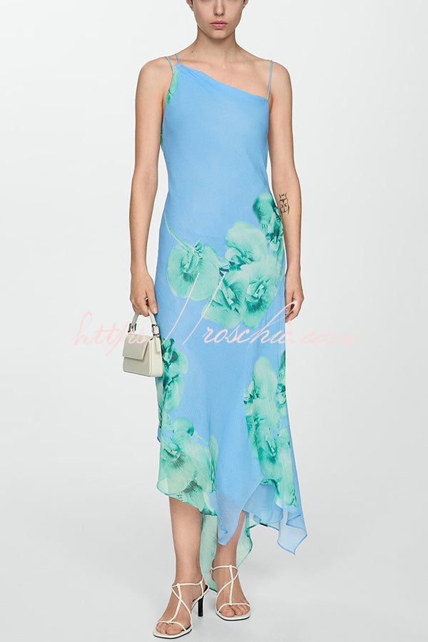 Floral Print Irregular Hem Open Back Strap Maxi Dress