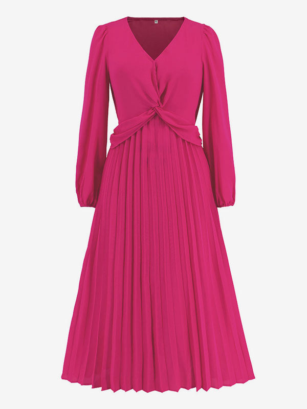 Midi Dress Pleated V-Neck Long Sleeves Casual Fall Dresses