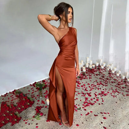 One-Shoulder Ruched Bodice Ruffle Trim High Slit Maxi Gown