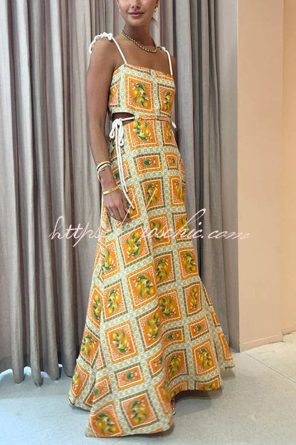 Orange Summer Printed Linen Blend Cutout Tie-up Design Maxi Dress