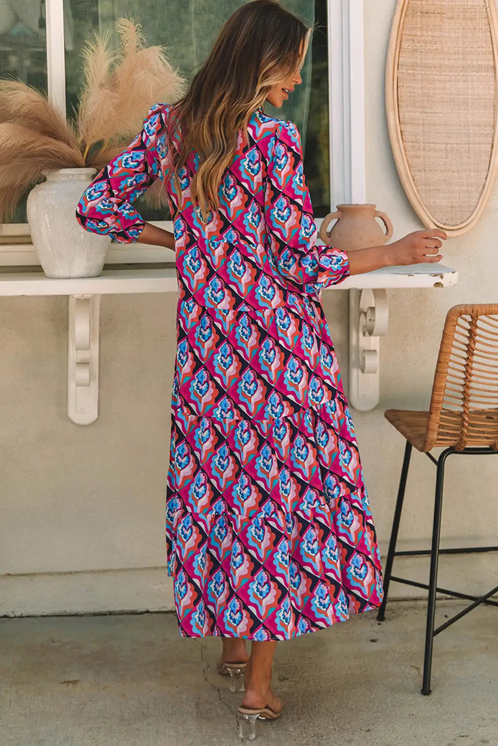 abstract geometric print high waist maxi dress