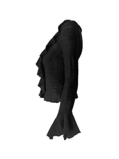 Solid V Neck Ruffle Long Sleeve Knit