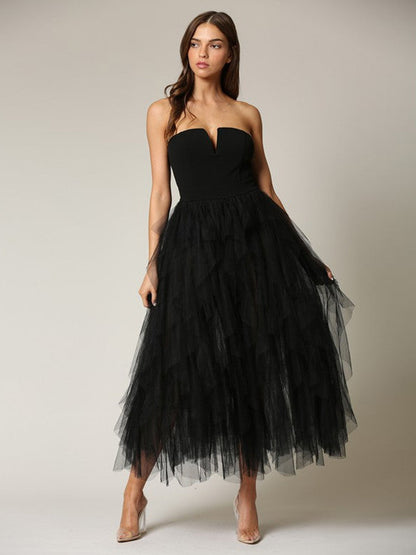 Tulle Dress Off The Shoulder Tiny V-Neck Backless Prom Party Maxi Dresses