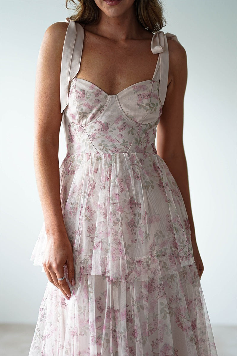 Sweetheart Bustier Tie Shoulder Bow Strap Tiered Ruffle Floral Maxi Dress