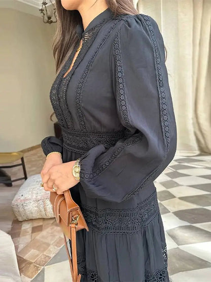 Chic Stand Collar Lantern Sleeve Maxi Dress | Women's Casual Loose Lace Hollow Out Dresses
