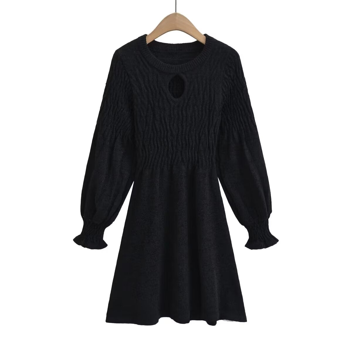 Hollow Out Cutout Thick Dress: Long Sleeve Fall Winter Inner Wear Midi Dress