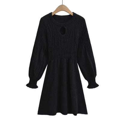 Hollow Out Cutout Thick Dress: Long Sleeve Fall Winter Inner Wear Midi Dress