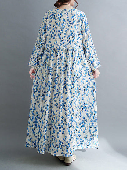 Long Sleeves Loose Flower Print Split-Joint Round-Neck Midi Dresses