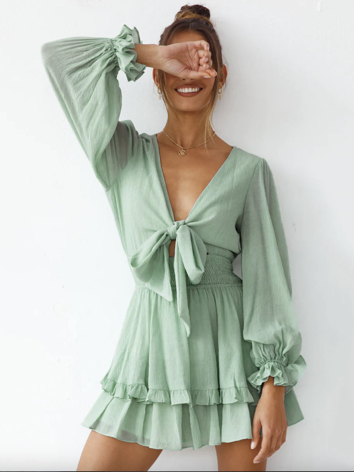 Mini Dresses Green V Neck Lace Up Long Sleeves Bows Chiffon Short Summer Dress