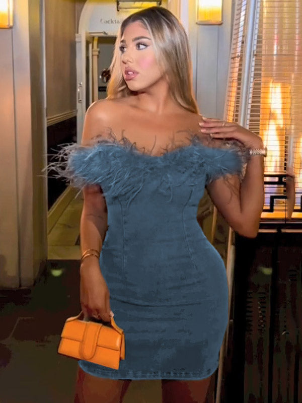 Bodycon Dresses Off Shoulder Backless Feather Trim Sexy Mini Dress
