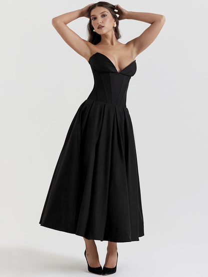Princeess Line Dress Plunge Bodice Full Circle Skirt Prom Midi Dresses