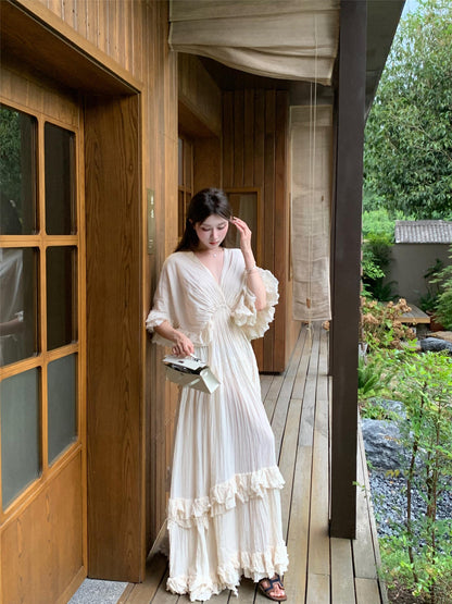 Tailande Linen Maxi Dress – V-Neck Ruffle Goddess Gown with 10-Meter Full Hem
