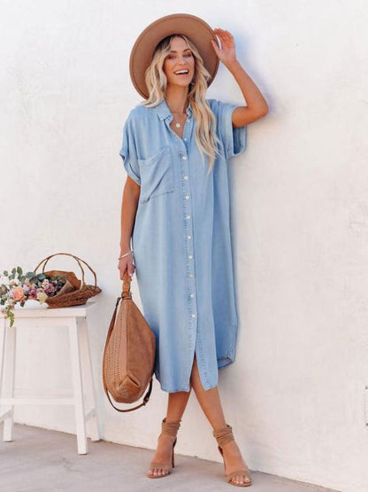 Shirt Midi Dress Light Sky Blue V-Neck Short Sleeves Dress
