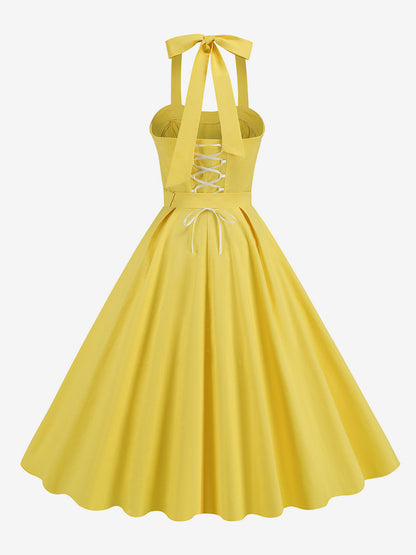 Dress Dot Halter Belted Ring Detail Retro Midi Dress