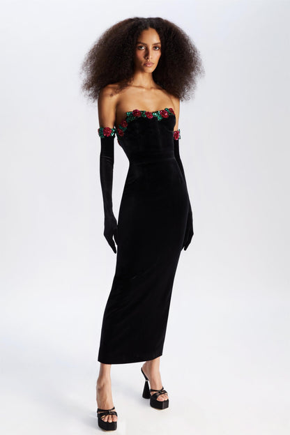 Sequin Floral Velvet Midi Dress With Gloves
