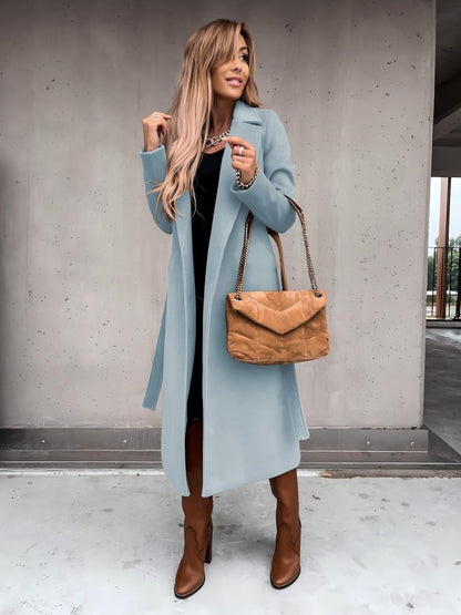Solid Color Lapel Long Sleeve Woolen Simple Tie Coats
