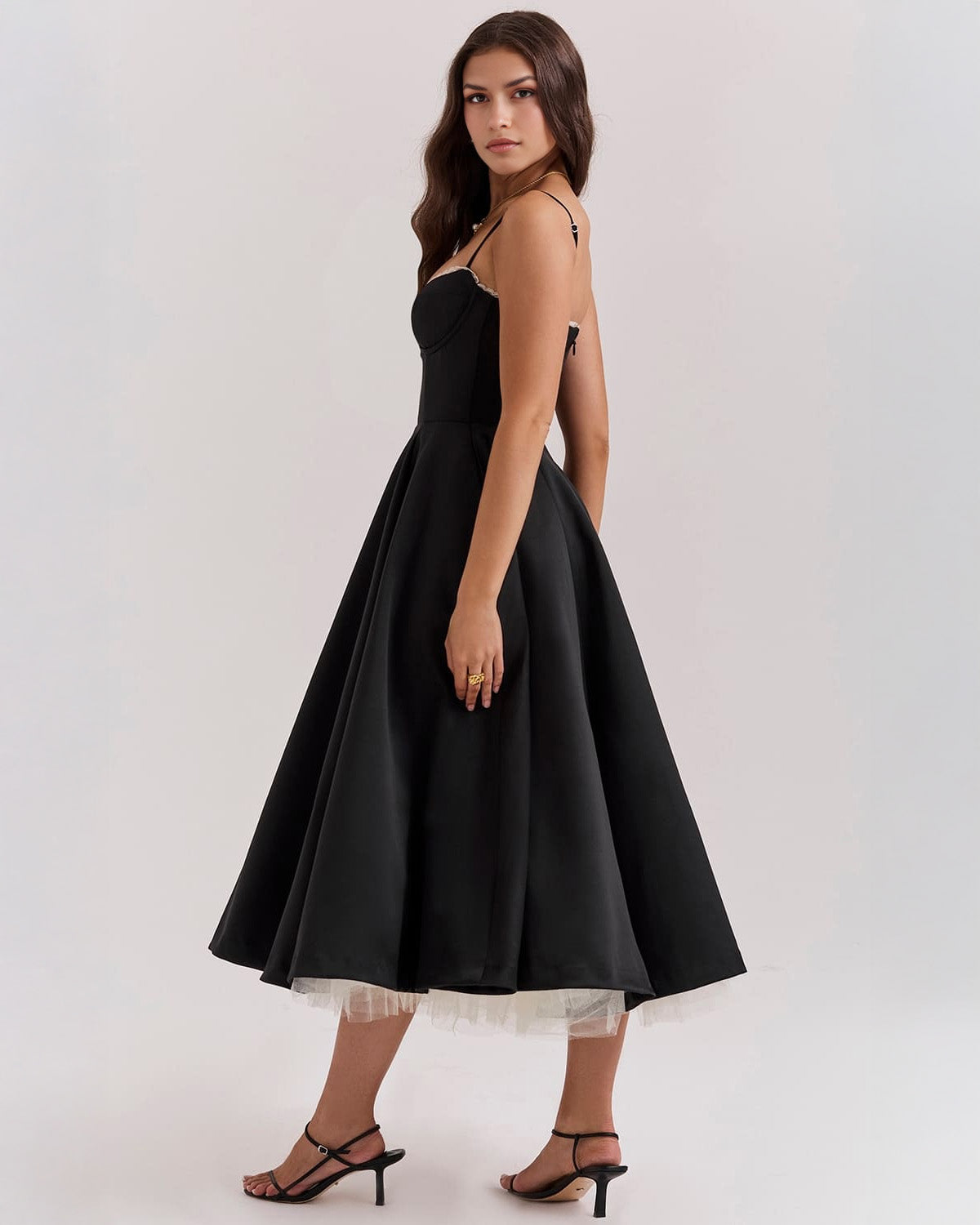 Bustier Spaghetti Strap Lace Trim Pleated Fit and Flare Midi Dress