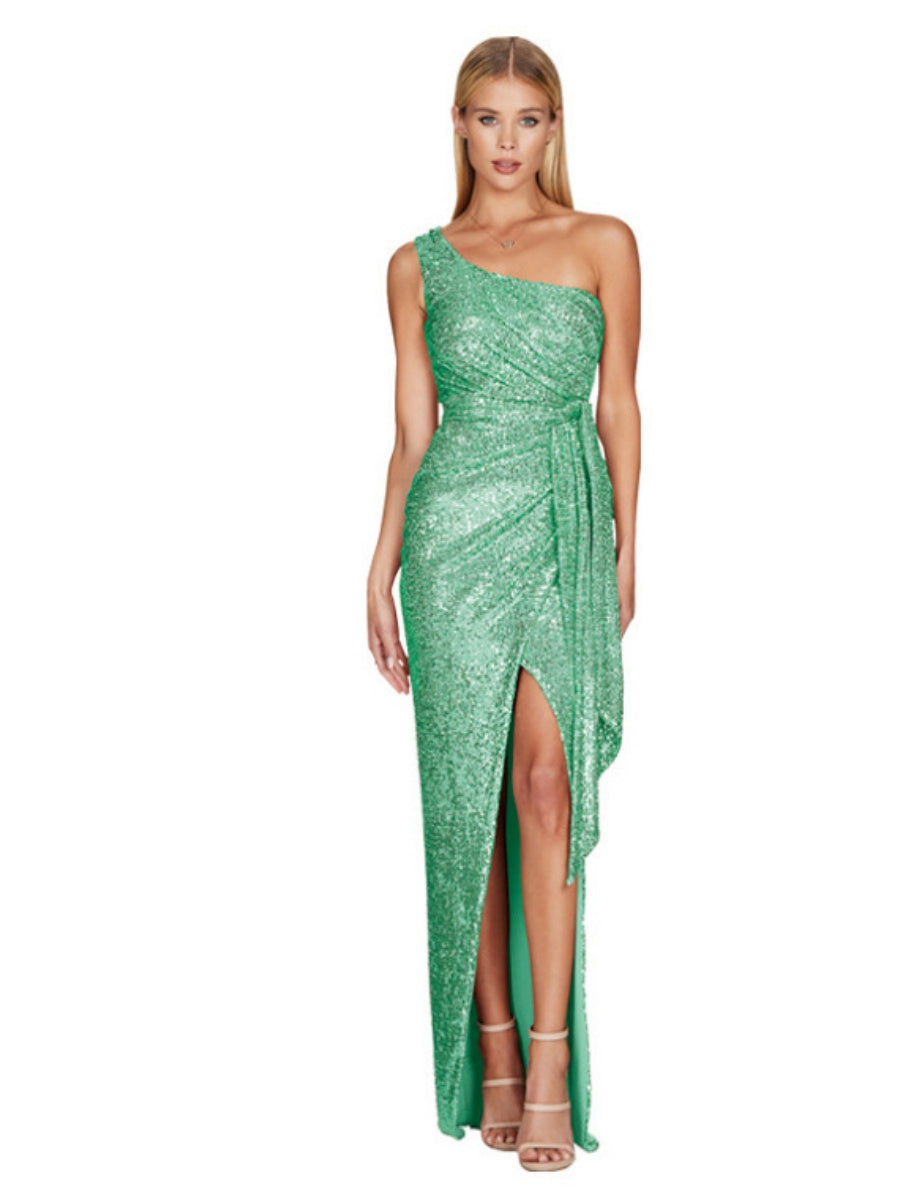 One-shoulder Tie-up Pleated Sweet And Spicy Sequined Dress