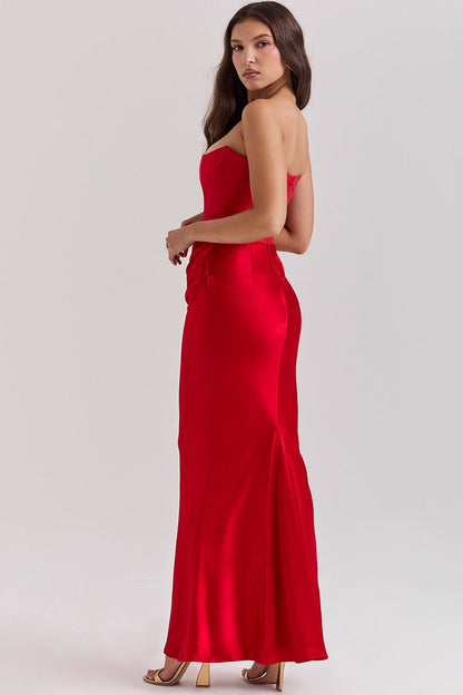 Strapless Corset Bodice Draped Hip Ruched Column Maxi Dress