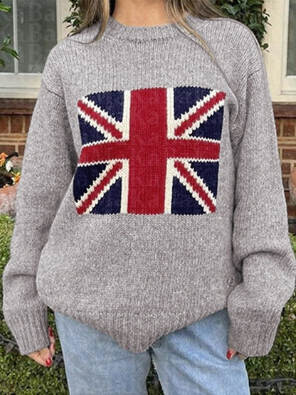 Flag Jacquard Crew Neck Pullover Sweater