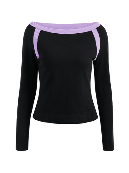 Contrast Color Off Shoulder Long Sleeve Tee