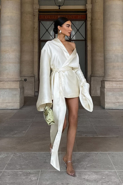 Off Shoulder Wide Bell Sleeve Satin Tie Waist Wrap Mini Dress