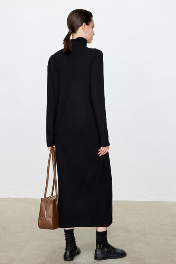 Turtleneck Long Sleeve Column Belted Knit Maxi Dress