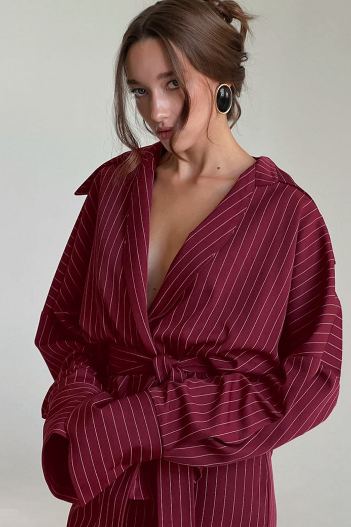 | Striped V-Neck Tie Fitted Waist Maxi Dress