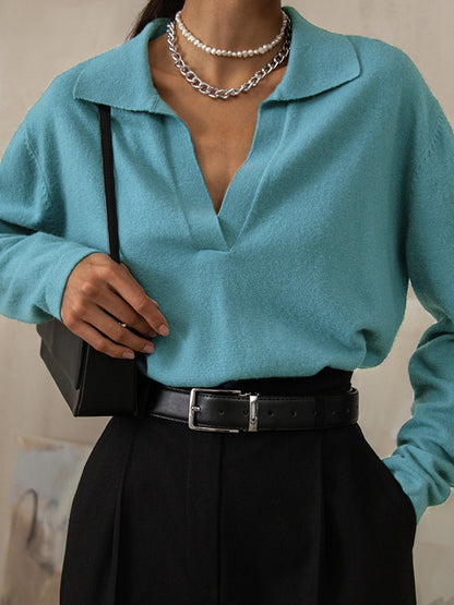 Solid Lapel Neck Knit Sweater