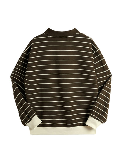 Stripe Print Bear Embroidery Shirt Neck Oversized Hoodie