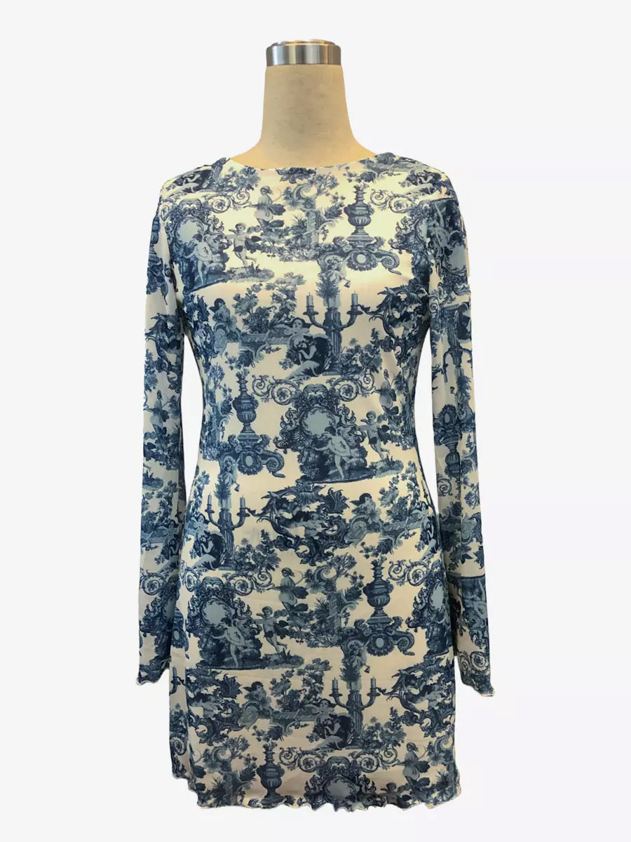 Vintage Print Backless Long Sleeve Mesh Mini Dress For Women 2026