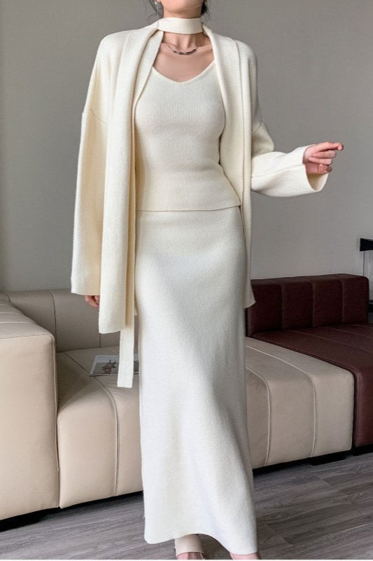 Ribbed High-End Knit Cardigan Tank Wide-Leg Pants Three Piece Set