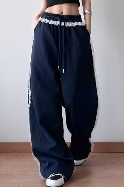 Lace Trim Wide Leg High Waist Pants