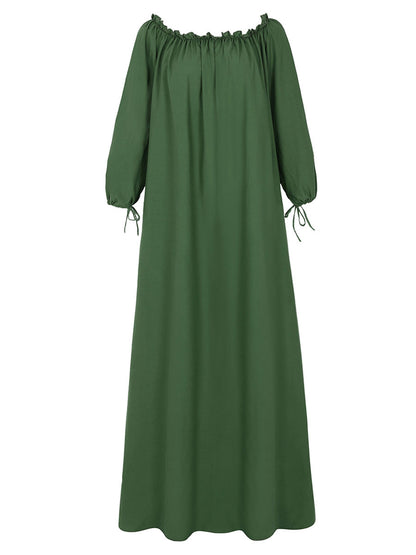 Maxi Dress Oversized White Long Sleeves One Shoulder Pleated Cotton Floor Length Dress