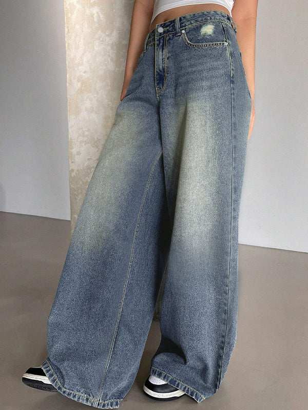 Washed Blue Wide Leg Mop Boyfriend Jeans